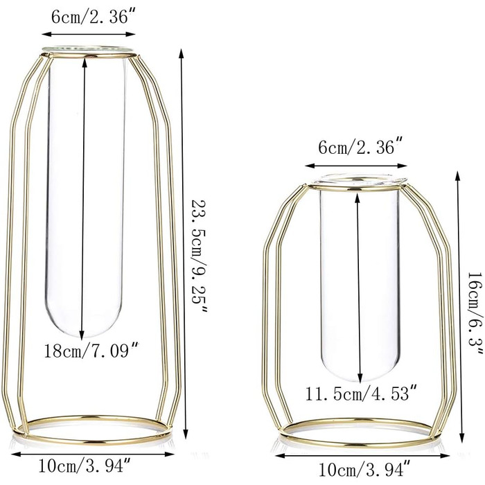 Вази для квітів із залізною художньою рамою, геометричний квітковий горщик, центральна ваза для рослин, настільний тримач для рослин для декору весільного столу офісу вітальні, золоте золото мале велике, 2 шт.