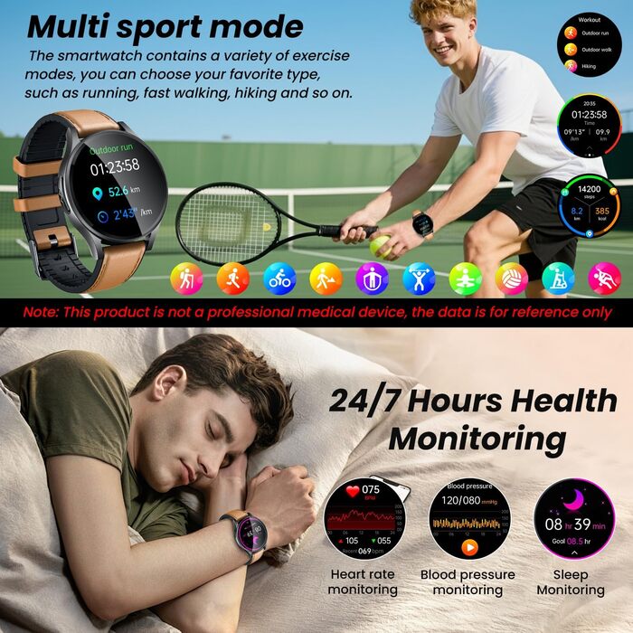 Чоловічий смарт-годинник з ЕКГ HDR монітором артеріального тиску смарт-годинник 1,43 дюйма круглий AMOLED шкіряний ремінець наручний годинник водонепроникний монітор серцевого ритму крокомір функція телефону фітнес-годинник Android iOS коричневий