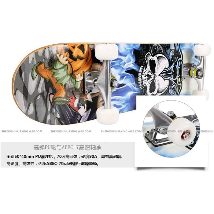 Круїзерний скейтборд з Double Kick - повний комплект для дітей, підлітків та дорослих, 7-шарова увігнута дека з канадського клена, 79 x 19.5 x 9.5 см, візерунок черепа