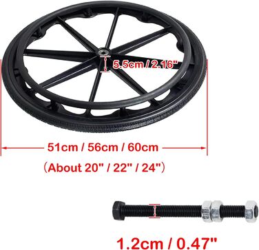 Заміна для задніх коліс інвалідного візка, 2 шт. и, 20 дюймів, 22 дюйми, 24 дюйми, колесо для інвалідного візка, суцільні поліуретанові шини для інвалідних візків, з підшипниками, ручкою та різьбовим валом/22 дюйми (56 см)*13/8