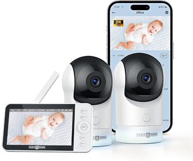 Радіоняня з 2 камерами, 5&39 WiFi Монітор з додатком, 2K UHD, нічне освітлення, виявлення руху/крику, моніторинг температури та во