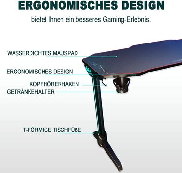 Ігровий стіл SONNI зі світлодіодним освітленням, площа поверхні 140 см/стіл для ПК/ігровий стіл, підтримує 2-3 монітори з килимком для миші, тримачем для напоїв та гачком для навушників, 140 x 60 см