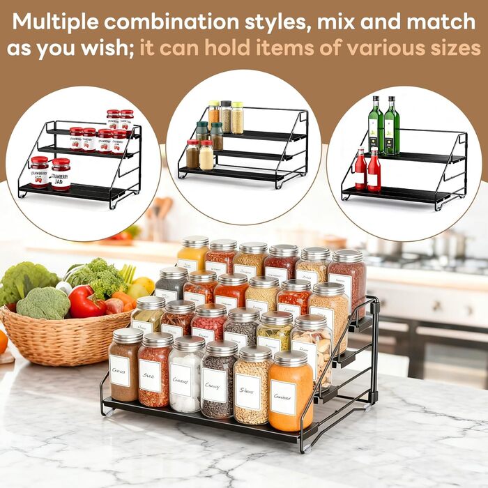Рівнева підставка для спецій, не потребує свердління, металевий органайзер для спецій з етикетками та ручкою, регульована по висоті підставка для спецій для кухні, шафи, ванної кімнати, 4-