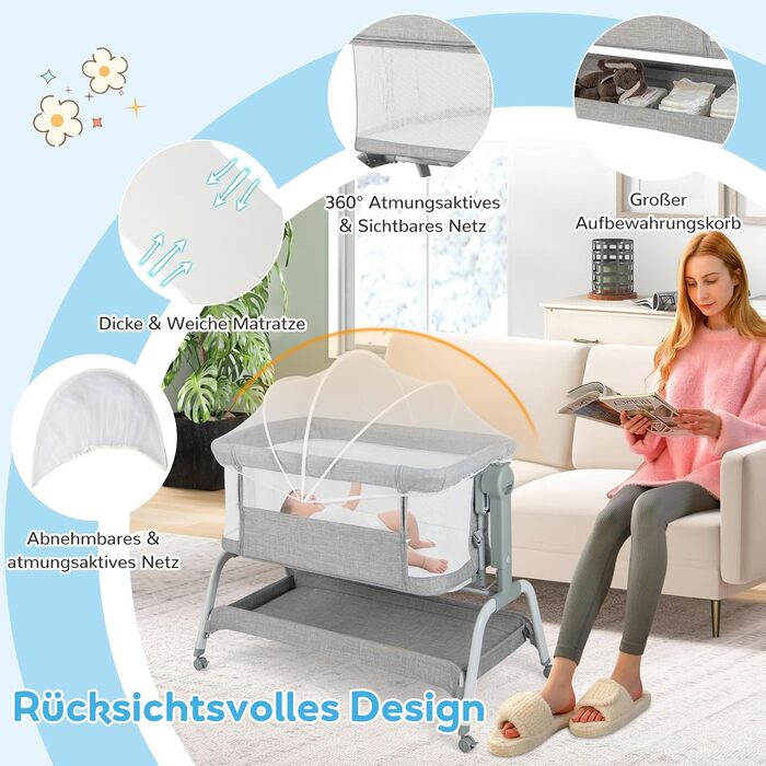 Дитяче ліжечко DREAMADE 3 в 1, дорожнє ліжечко 90 55 см з матрацом, москітною сіткою та 4 колесами, 6-рівнева регульована висота колиска з функцією відкидання, дитяча колиска для немовлят 0-6 місяців (сіра)