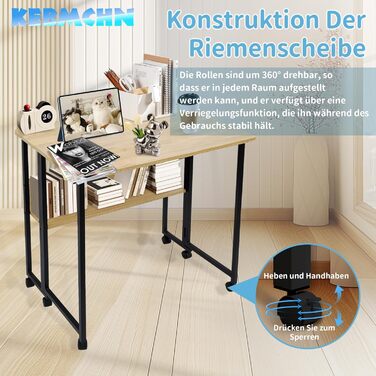 Розкладний стіл з полицею, 80x60x75 см, розкладний стіл на колесах, дерево та вуглецева сталь, компактний, багатофункціональний, для домашнього офісу, вітальні (колір дерева)