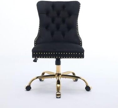 Крісло керівника з оксамиту із золотою основою французький дизайн, високе офісне крісло з оксамитовою оббивкою, регульоване по висоті та поворотне для елегантного домашнього офісу та будуару, чорне, 98 см (В) x 50 см (Ш) x 63 см (Г)