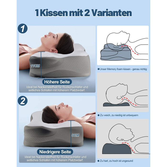 Подушка для шиї, подушка для сну на боці з подвійною зоною розвантаження вух, ергономічна ортопедична подушка з піни з ефектом пам&39яті від болю в шиї, подушка з підтримкою шиї для сну на спині/животі, темно-сіра