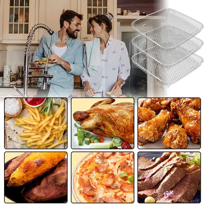Стійки для аерофритюрниці, лоток для кошика аерофритюрниці з нержавіючої сталі 3-шарові штабельовані стійки-дегідратори для випічки у фритюрниці (квадратні), 3