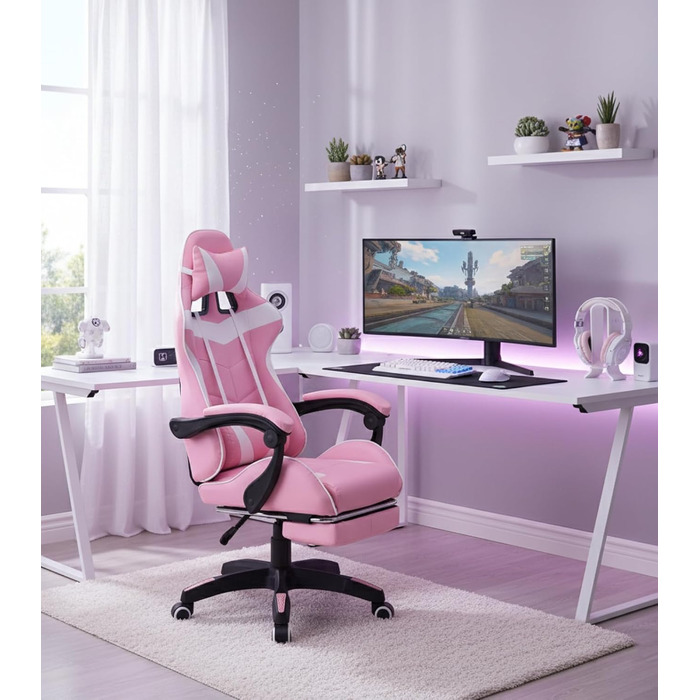 Ігрове крісло VDD Cyclone з підставкою для ніг - Офісне крісло - Гоночне ігрове крісло - Рожево-біле