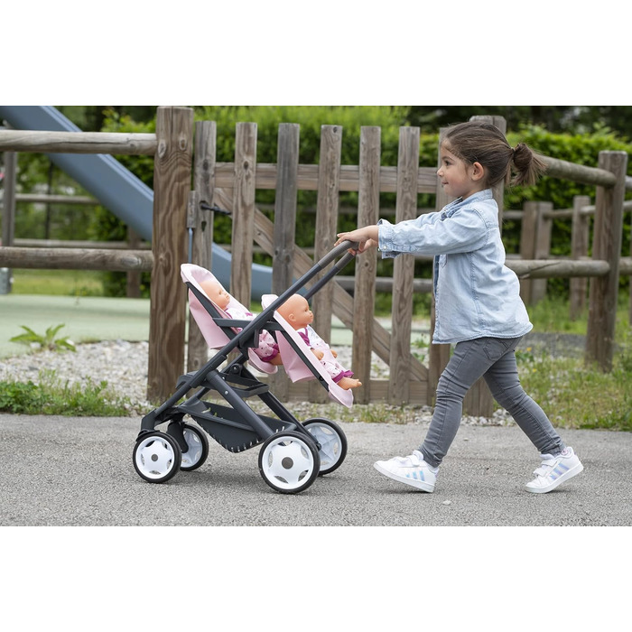 Коляска для двійні - для ляльок та ляльок - безшумні та різноспрямовані колеса - кошик для зберігання - 253216 Рожевий