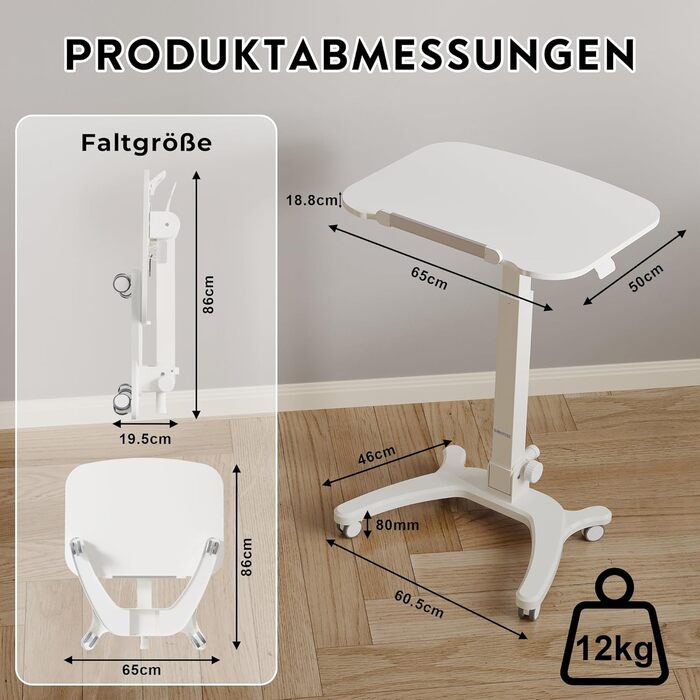 Складаний комп&39ютерний стіл BONTEC 65x50 см, регульована висота з 4 колесами, стіл для ноутбука, складаний, бічний столик для офісу, вітальні, спальні, до 12 кг, ідеально підходить для домашнього офісу та невеликих приміщень, білий