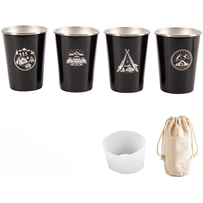 Кемпінгові кружки з нержавіючої сталі 304, набір з 4 предметів, 350 мл, кавові кружки для активного відпочинку на природі з силіконовим чохлом та сумкою для зберігання для походів, подорожей з рюкзаком, пікніків (чорні) (350 мл)