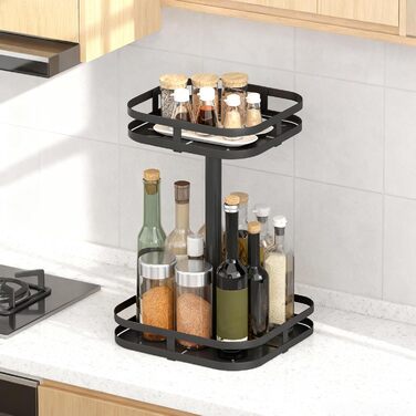 Підставка для спецій HOMCOM, 2-рівнева, обертова на 360 кухонна полиця з піднятими краями та присосками, підставка для спецій, карусель для спецій, кухонний органайзер, тримач для спецій для кухонної стільниці та обіднього столу, чорний колір