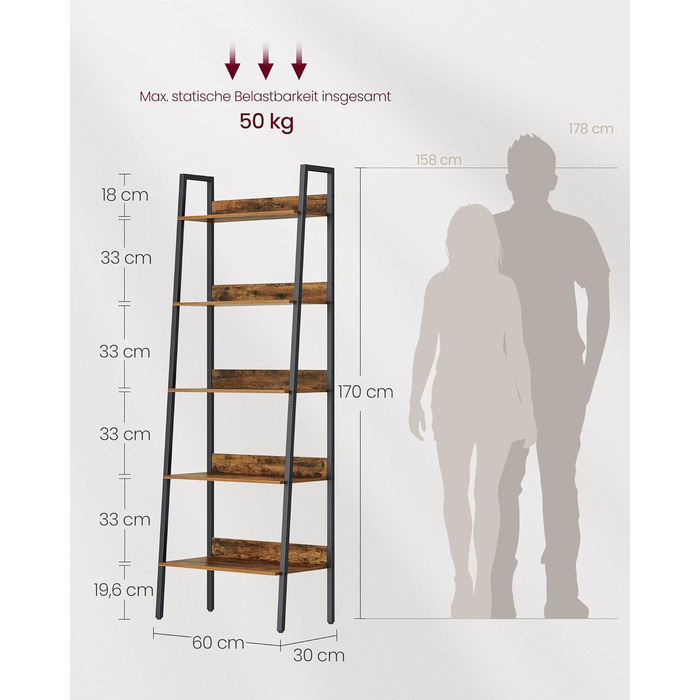 Книжкова полиця VASAGLE, полиця-драбина, 5 ярусів, вузька полиця, відкрита окремостояча полиця для кабінету, вітальні, спальні, кухні, промисловий дизайн, вінтажний коричнево-чорний LLS067B01 Вінтажний коричневий чорний 5 полиць (60Ш x 170В см)