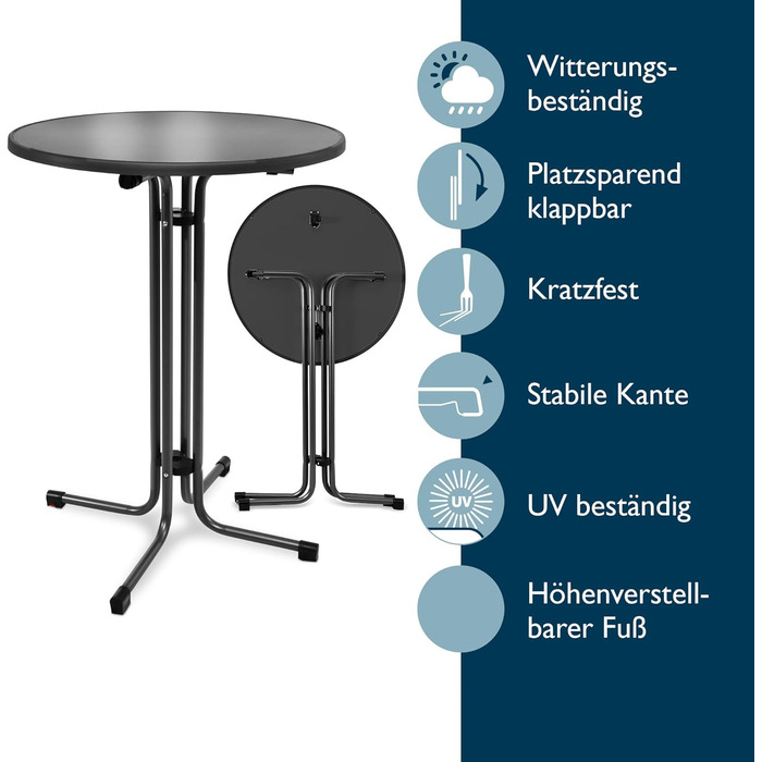 Розкладний стіл Beautissu 80 см Чорний Bellini Стійкий до подряпин, Стабільний, Захист від атмосферних впливів Стіл для бістро на вулиці, Круглий, Легке складання, Попередньо зібраний кронштейн Пивний стіл, Стіл для вечірок, Складаний барний стіл Ø 80 см 