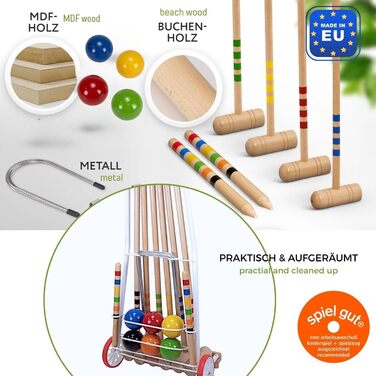 Високоякісний сімейний візок для крокету GICO для 6 гравців, доросла довжина, виготовлений з масиву дерева - зроблено в ЄС-3136