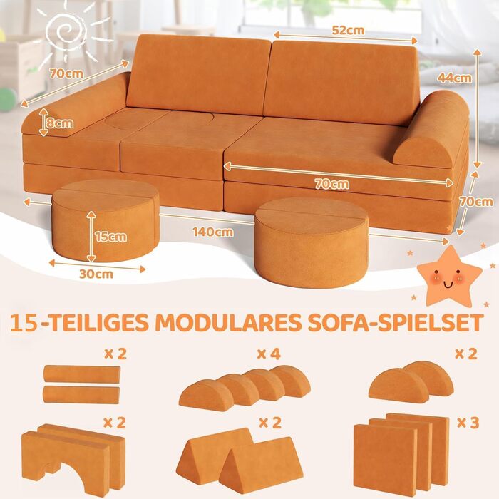 Дитячий ігровий диванчик з 15 модулями, модульний дитячий ігровий диванчик, дитячий диванчик з пінопластових будівельних блоків, ігровий диванчик для дітей та дитяче крісло, затишний куточок у дитячій кімнаті, для гри, творчості, сну, помаранчевий