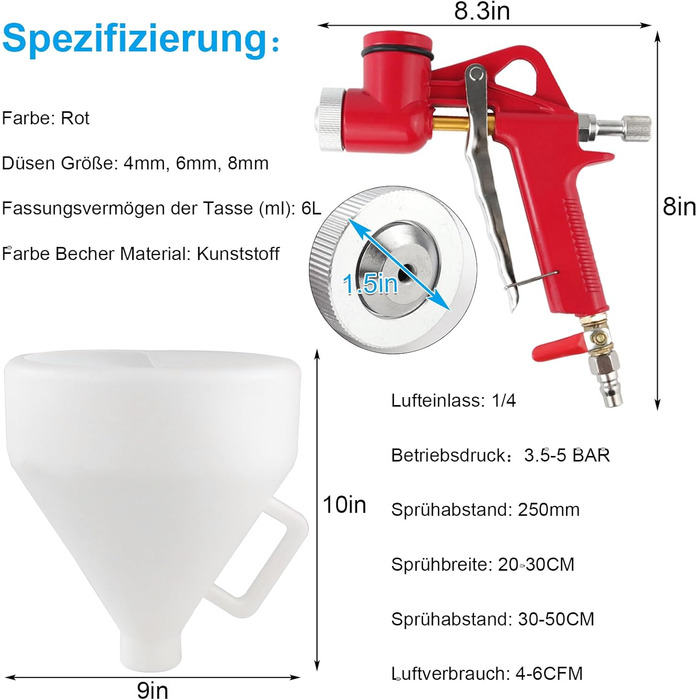 Фарборозпилювач 6 л для штукатурки, пістолет для повітряної текстури з 3 соплами (4,0 мм / 6,0 мм / 8,0 мм) система розпилення фарби для стін, стелі, бруду, розпилювач