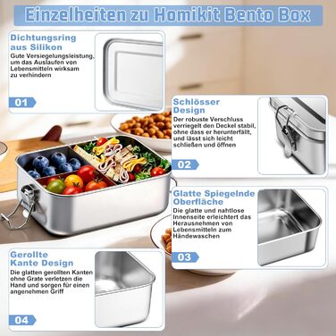 Набір ланчбоксів Homikit з розділеннями, 2 шт., 850 мл, нержавіюча сталь. Металеві контейнери для обіду, сніків, герметичні, з ущільнювальним кільцем для школи, офісу, пікніка. Можна мити в посудомийній машині.