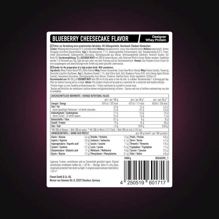 Ваніль, 1 кг, до 23 г білка на порцію, ідеально підходить для нарощування та підтримки м'язової маси, перевірена якість - зроблено в Німеччині (чорничний чізкейк)