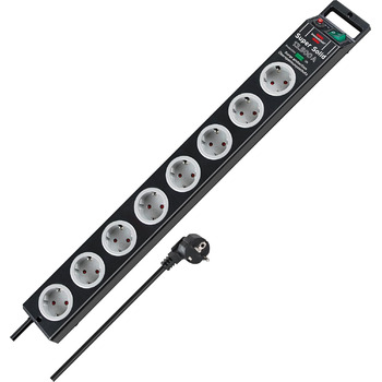 Розетка 8-місна з захистом від перенапруги (розетка з кабелем 2,5 м і вимикачем, розетка з ударостійкого полікарбонату) чорна/сіра