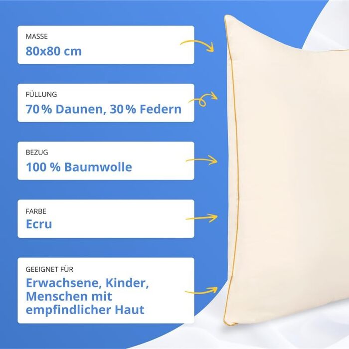 Пухова подушка pen pol 80x80 см 1200 г Наповнювач 70 пух 30 пір&39я Подушка для сну Натуральний наповнювач Чохол для подушки для ліжка 100 бавовна Дихаюча та зберігає розміри Зроблено в ЄС Екрю 80 x 80 см