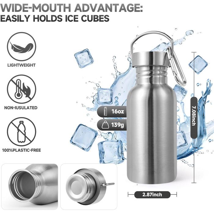 Пляшки для води Volhoply 500 мл, неізольовані, з одностінними стінками, 4 шт., спортивні пляшки для води з нержавіючої сталі з ручкою, без BPA, 18/8 304, багаторазові пляшки (мікс, 4 шт.) 4 мікс