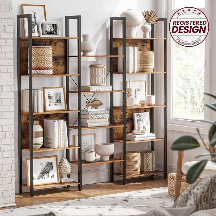 Книжкова полиця VASAGLE, окремостояча полиця з 14 полицями, металева каркасна полиця, для вітальні, кабінету, офісу, промисловий дизайн, 24 x 158 x 166 см, вінтажний коричневий-чорнильний LLS107B01 158B см вінтажний коричневий чорнильний