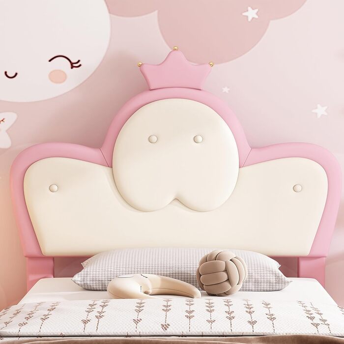 Дитяче м&39яке ліжко Merax 90x200 см зі світлодіодними стрічками, односпальне ліжко для дівчаток, хвилеподібне узголів&39я з вінцем, каркас ліжка з рейковою основою та узніжжям, дитяче ліжко, ПУ, без матраца, рожево-біле 90 x 200 см рожево-біле - зі світл