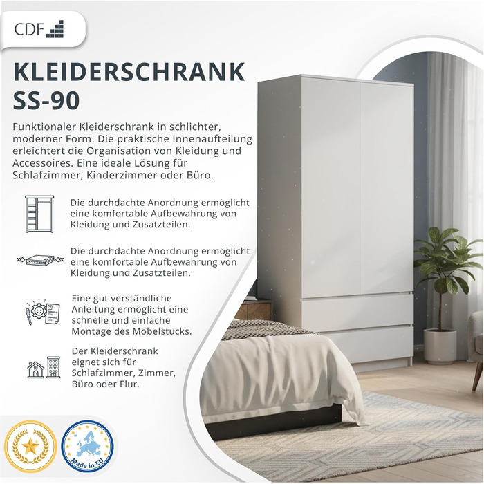 Шафа CDF Біла, ширина 90 см, дитяча кімната, спальня, 2 шухляди, 2-дверна шафа, сучасний вигляд, все для складання в комплекті, одяг, іграшки, біла, без дзеркала