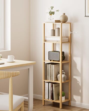Книжкова полиця, вузька полиця з 5 полицями, кухонна полиця з відкритими полицями, 38 см x 27 см x 136 см, окремостояча полиця для вітальні, офісу, кабінету, дуб, 5 полиць