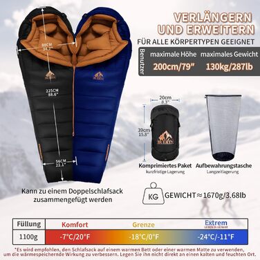 Зимовий пуховий спальний мішок, для температур від 0 до -24C. Ультралегкий матусин спальний мішок, для дорослих та підлітків для кемпінгу, піших прогулянок та походів. Синій -7C