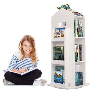 Рівнева обертова книжкова полиця для дітей, полиця, обертова полиця, біла, обертова книжкова полиця, підлогова полиця, дитяча книжкова полиця для спальні, вітальні, кабінету, 40x40x95 см, 3-