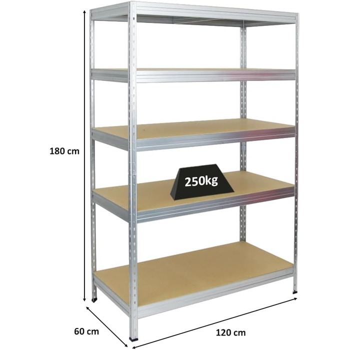 Посилений стелаж (ВxШxГ) 180x120x60 см, Вантажопідйомність полиць 250 кг, Інноваційна вставна система, Оцинкований, Гаражний стелаж, Складський стелаж, Вставний стелаж, Сталь, Підвальний стелаж 180x120x60 см, Оцинкований