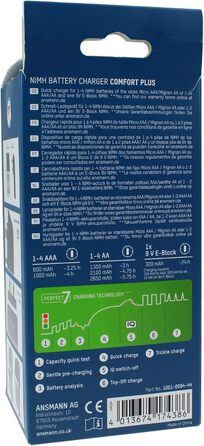Зарядний пристрій ANSMANN Comfort Plus для акумуляторів типу AA, AAA та 9V з 3-контактним штекером для Великої Британії, швидка зарядка та швидке тестування ємності