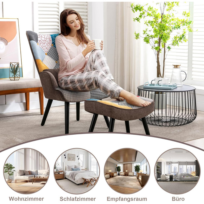 Крісло-відкидка з пуфом, крісло в стилі печворк, дерев&39яне крісло, сучасне крісло-підголовок для вітальні з ніжками з масиву дерева, крісло під телевізор, лляне крісло для відпочинку, коричневе крісло