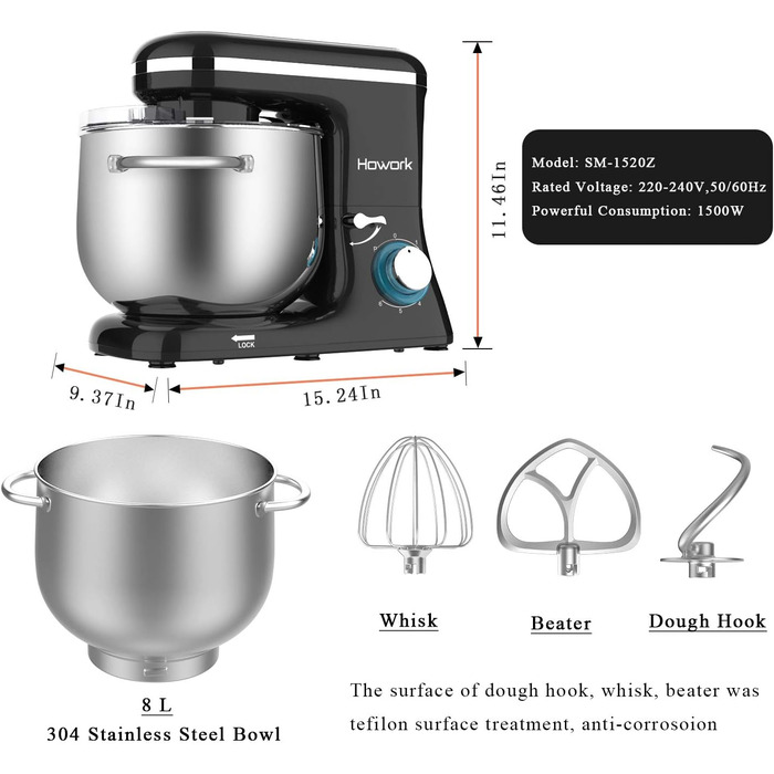 Машина для замішування кухонного комбайна Howork, потужна шумісильна машина для замішування з нахиленою головкою потужністю 1500 Вт, 6-рівнева машина для тіста з віночком, гачком для тіста, захистом від бризок, збивачем (8 л, чорний). 8 літрів чорний