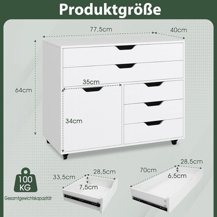 Контейнер на колесах COSTWAY з 5 шухлядами та шафою, мобільна шафа для документів на колесах, шафа з шухлядами та робочою поверхнею, дерев&39яний офісний контейнер на колесах для дому та офісу, білий 77,5 x 40 x 64 см