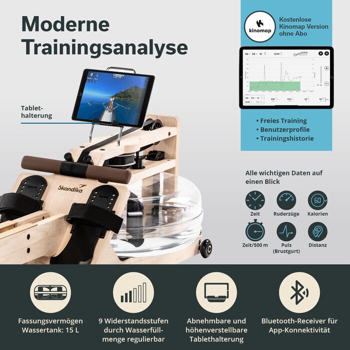Водний гребний тренажер преміум-класу Skandika Styrke Зроблено в Німеччині, дерев&39яний водний гребний тренажер, функція застосунку Kinomap, домашній гребний тренажер, масив ясена з Німеччини, природний досвід веслування, до 180 кг, арктично-білий, корич
