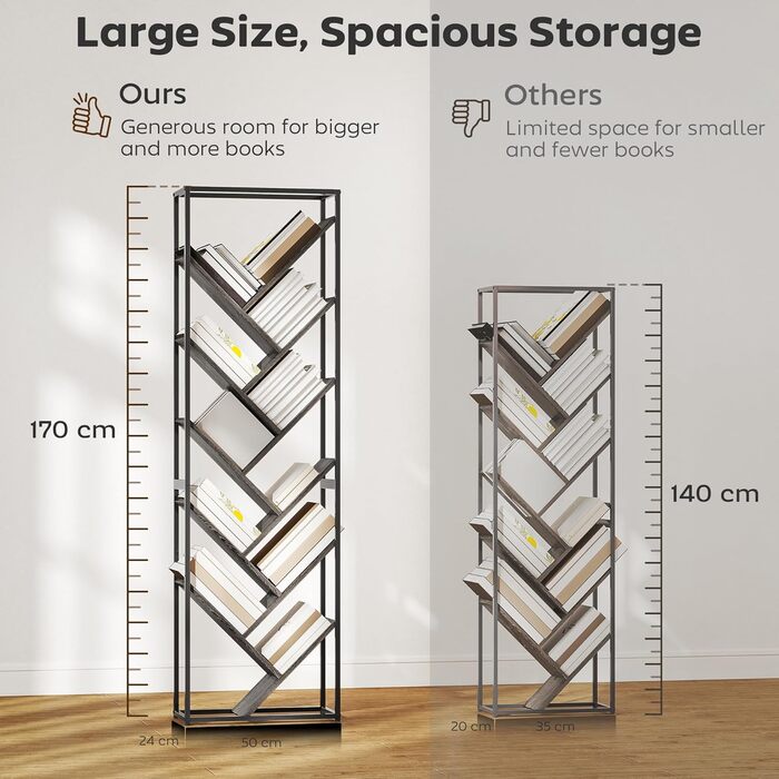 Книжкова полиця HOMCOM Tree, 10-ярусна підлогова книжкова шафа, висока промислова стелажна шафа для вітальні, домашнього офісу, спальні, сіро-чорна
