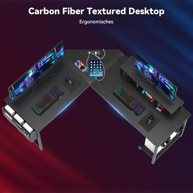 Ігровий стіл із функцією зарядки, L-подібний стіл для офісу, L-подібний кутовий стіл для ПК, підставка для комп&39ютерного столу та монітора, компактний, легко збирається кутовий блок, чорний, 160-135x55x74 см