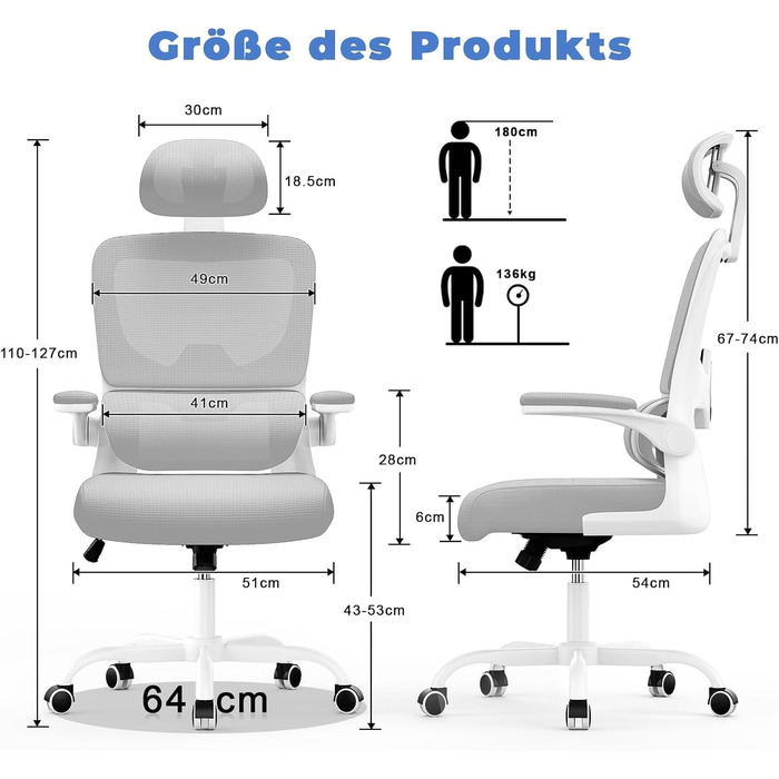 Офісне крісло naspaluro, ергономічне офісне крісло з регульованим підголівником, підлокітниками, динамічною поперековою підтримкою, письмове крісло з дихаючою сітчастою оббивкою для домашнього офісу, сірий колір, з підголівником