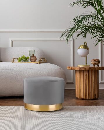 Оксамитовий пуф/туалетний стілець різних розмірів і кольорів із золотою обробкою для вітальні, спальні або гардеробної, великий круглий, колір сірий 300 сірий