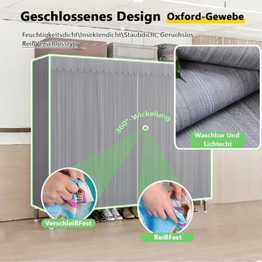 Тканинна шафа, міцна, тканинна розкладна шафа для спальні з рейкою для одягу та полицями, гардеробна шафа з вішалкою для одягу, 84x46x173 см, сіра смужка.