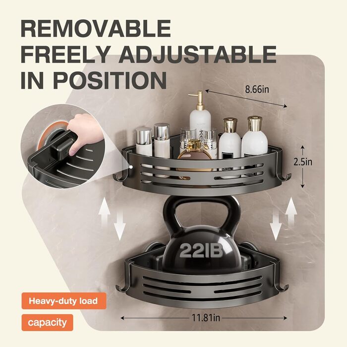 Кутова полиця для душу Lekesky без свердління, з міцними присосками, з алюмінію та нержавіючої сталі, знімна полиця для ванної кімнати, кухні, орендованого житла (набір 2 шт., графітовий сірий колір). Кутова - графітовий сірий.