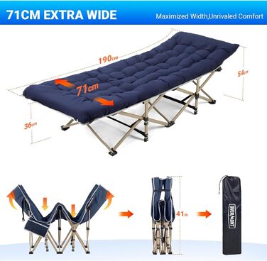 Розкладне похідне ліжко Overmont - Кемпінгове ліжко 190 x 71 x 36 см - Вантажопідйомність до 250 кг - Тканина Оксфорд 2400D з бічною кишенею та сумкою для перенесення для кемпінгу, саду, офісу, синього кольору, з матрацом ()