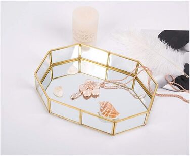 Скляний піднос Hggzeg золотистого кольору, багатокутний металевий, декоративний піднос, піднос для ювелірних виробів, парфумів, органайзер, піднос для макіяжу для туалетного столика, комода, ванної кімнати, спальні (маленький)