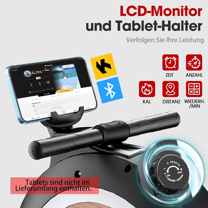 Гребний тренажер Wenoker, магнітний гребний тренажер для домашнього використання, покращений, тихий опір з 16 рівнями та інтелектуальною електронною поворотною ручкою, максимальна вага користувача 160 кг, підключення до додатку, чорний