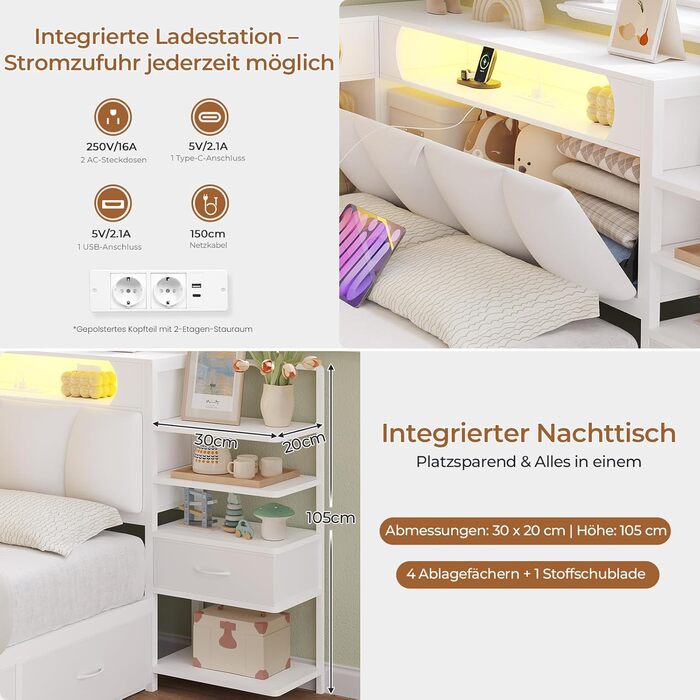 Дитяче ліжко DICTAC 90x200 з 6 шухлядами, світлодіодним освітленням та зарядною станцією Багатофункціональне ліжко з мяким узголівям, вбудованою тумбочкою та прихованим місцем для зберігання в узголівї (біле)