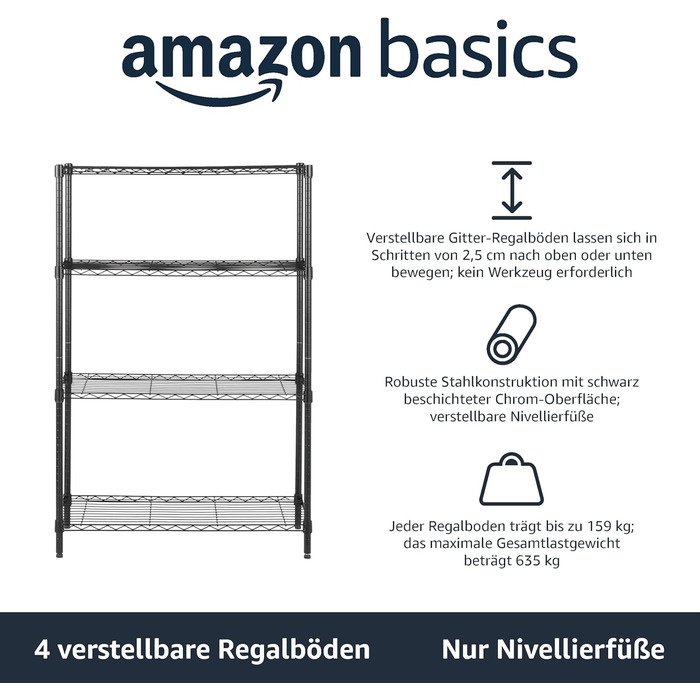 Блок для зберігання Storeo Basics з 4 полицями, регульованими по висоті полицями та ніжками, максимальна вага 640 кг, чорний, 35,5 x 91,4 x 137,1 см (Г x Ш x В) чорний 4 полиці без коліс